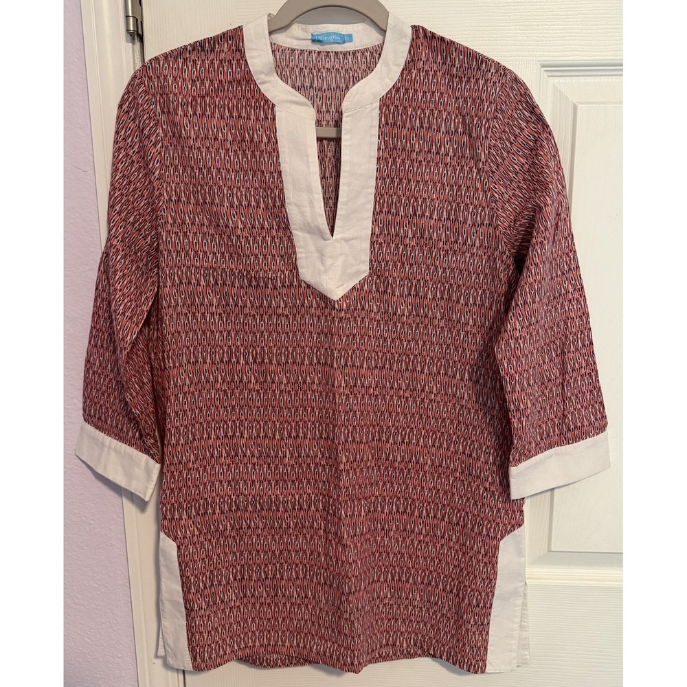 J. McLaughlin Tunic Top XS Tribal Print 3/4 Sleeve Cotton‎ Lightweight  Coastal